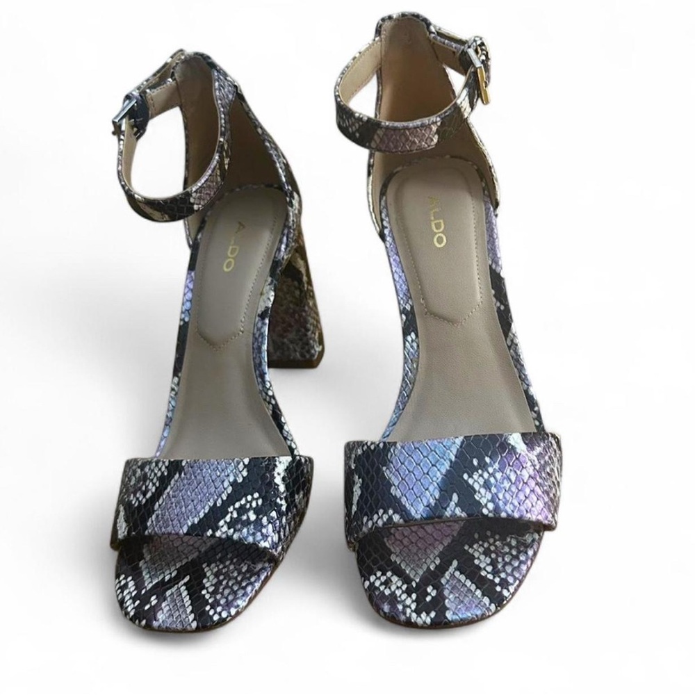 Aldo Uniolia Multicolor Iridescent Snake Print Block Sandal Heels